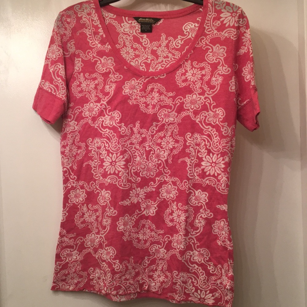 Eddie Bauer pink and white patterned tee